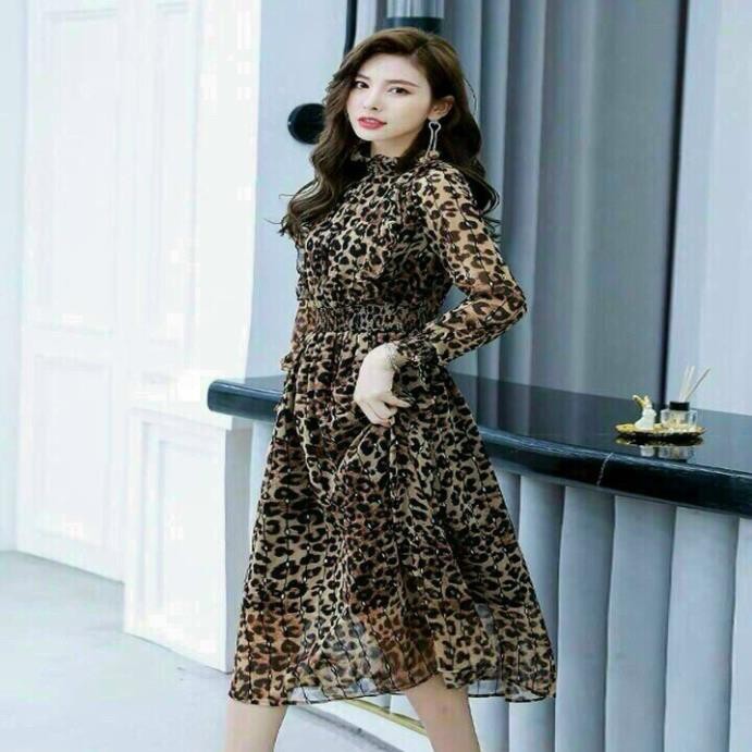 Váy đầm nữ dài tay họa tiết da beo thiết kế xòe xếp ly nhẹ sang chảnh - LINH'S STORE | BigBuy360 - bigbuy360.vn