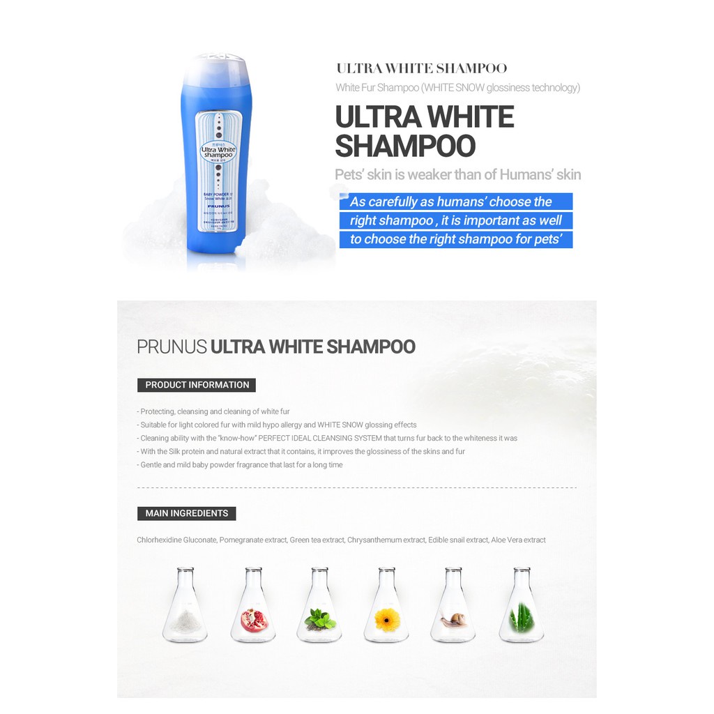 500G Sữa tắm cho chó lông trắng Prunus Ultra White Shampoo Hiệu quả bảo vệ và làm sạch lông cho thú cưng lông trắng.