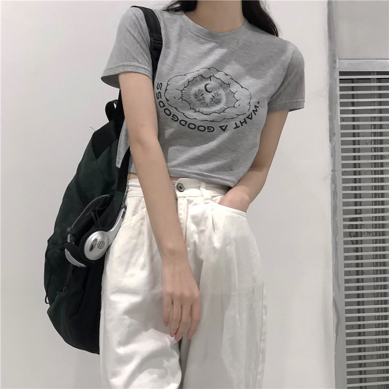 Áo thun croptop cổ tròn phong cách Hàn Quốc đơn giản cho nữ