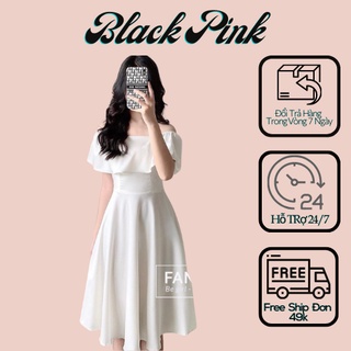 Váy Trắng Chun Vai Bèo Cổ Vuông Chất Liệu Đũi Mát Black Pink