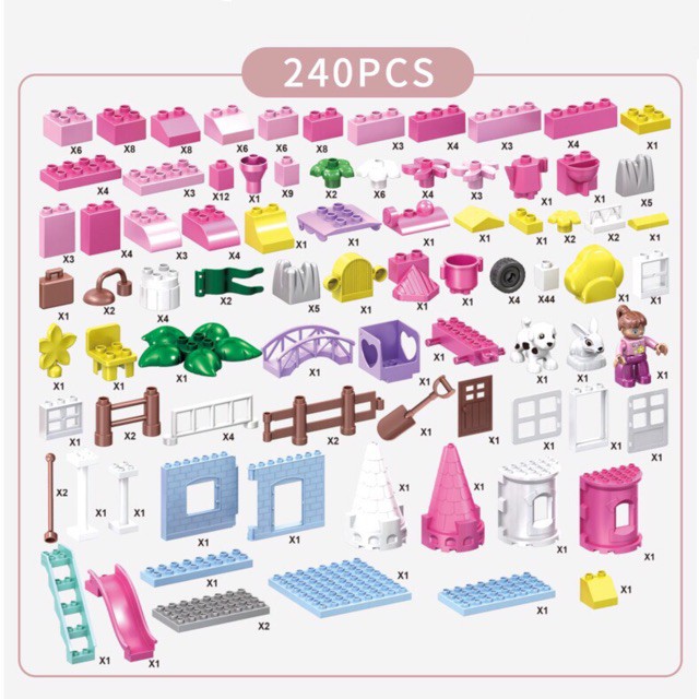 (HÀNG SẴN)bộ Lắp Ráp Lego Duplo Lâu Đài Công Chúa 240chi tiết+ 6 đê +kèm thùng  nhựa đựng -3538