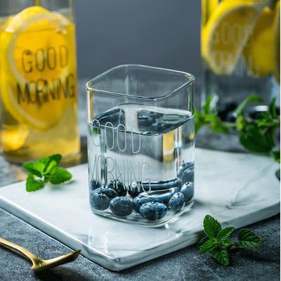 Cốc thủy tinh vuông Good Morning 400ml chịu nhiệt Ly thủy tinh uống trà cafe sữa giá rẻ decor đẹp.