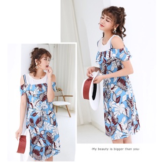 Đầm trễ vai big size ( khoét vai) màu xanh hoa lá size lớn 75-90kg kèm ảnh thật