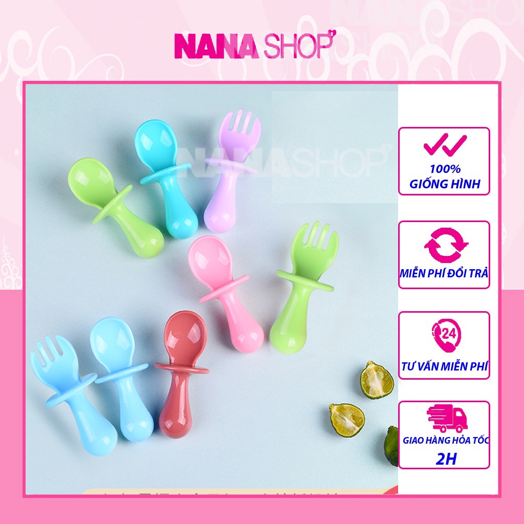 Bộ thìa dĩa cán ngắn mini chống hóc cho bé mới tập ăn dặm ( Có hộp đựng )