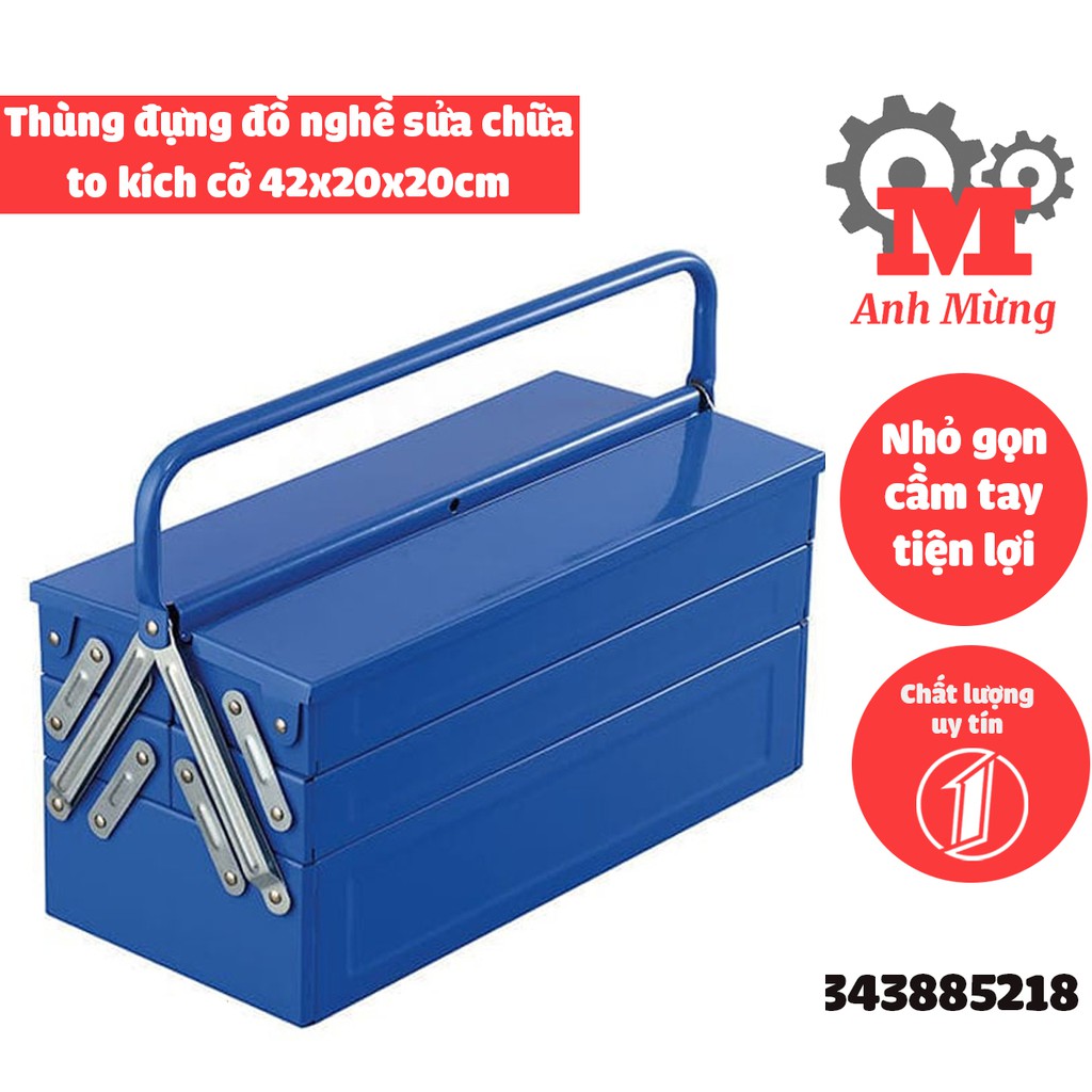 Thùng đựng đồ nghề sửa chữa to kích cỡ 42x20x20cm được làm bằng sắt chắc chắn, chống va đập, móp méo, độ bền cao