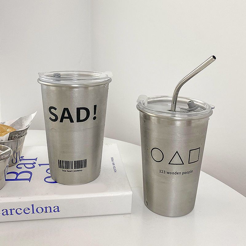 Cốc Uống Nước Bằng Thép Không Gỉ 304 Có Nắp Và Ống Hút Chống Rơi Tiện Dụng