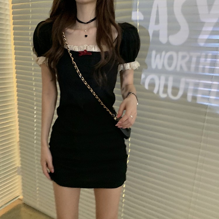 Xiaozhainv Đầm Tay Ngắn Cổ Vuông Phối Ren Phong Cách Hàn Quốc | BigBuy360 - bigbuy360.vn