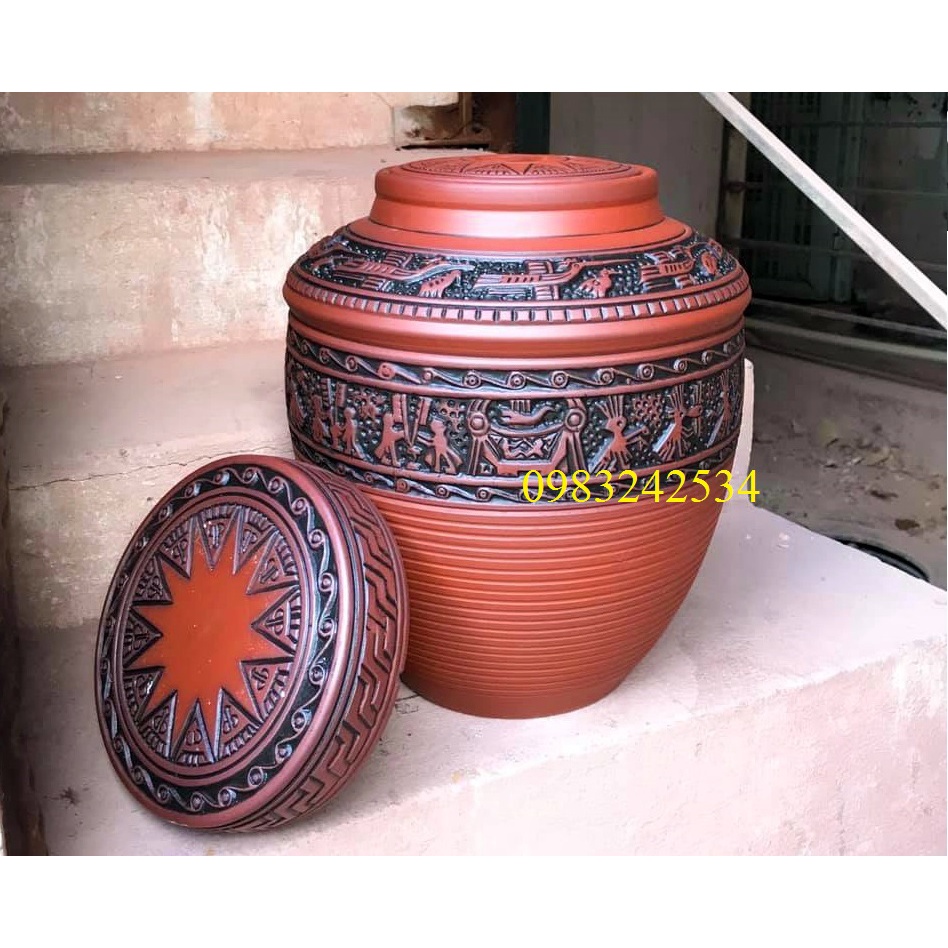 Chum sành ngâm rượu Bát Tràng 10L ,15L,20L,50L hàng Cao Cấp Đắp Nổi Họa tiết Trống Đồng