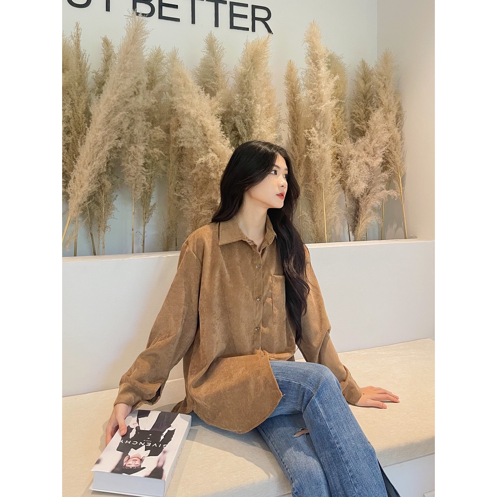 Áo sơ mi nhung tăm, sơ mi nữ, áo dài tay oversize có sẵn, max 63kg