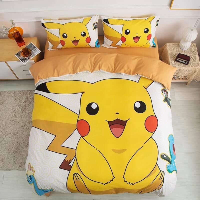 Bộ Chăn Ga Gối Cotton Hoạt Hình 3D Pikachu