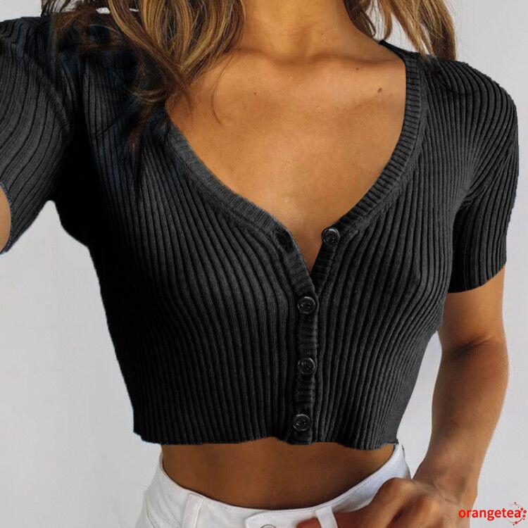 Áo Croptop Dệt Kim Tay Ngắn Cổ Chữ V Màu Sắc Trẻ Trung Xinh Xắn Dành Cho Nữ