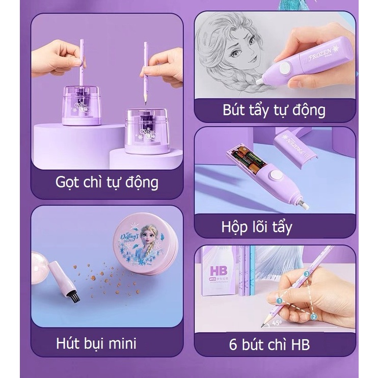 Bộ đồ dùng học tập văn phòng phẩm Disney Tẩy - Gọt chì - Hút bụi tự động Frozen Elsa - Quà tặng cho bé
