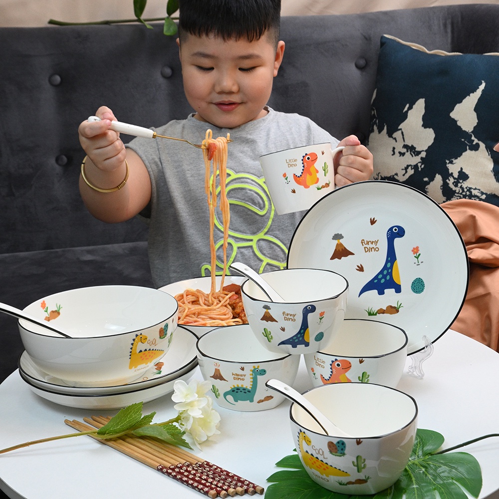 Bộ bát đĩa sứ dùng được lò vi sóng 18 món hình chú khủng long - VS50