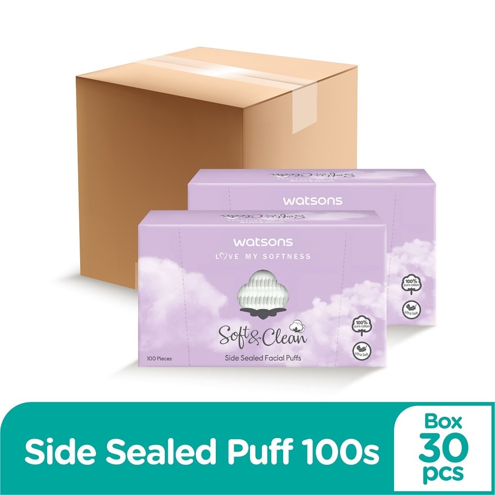 Bông Tẩy Trang Watsons Love My Softness Soft &amp; Clean Side Sealed Cuốn Biên Thùng 30 Hộp x 100 Miếng