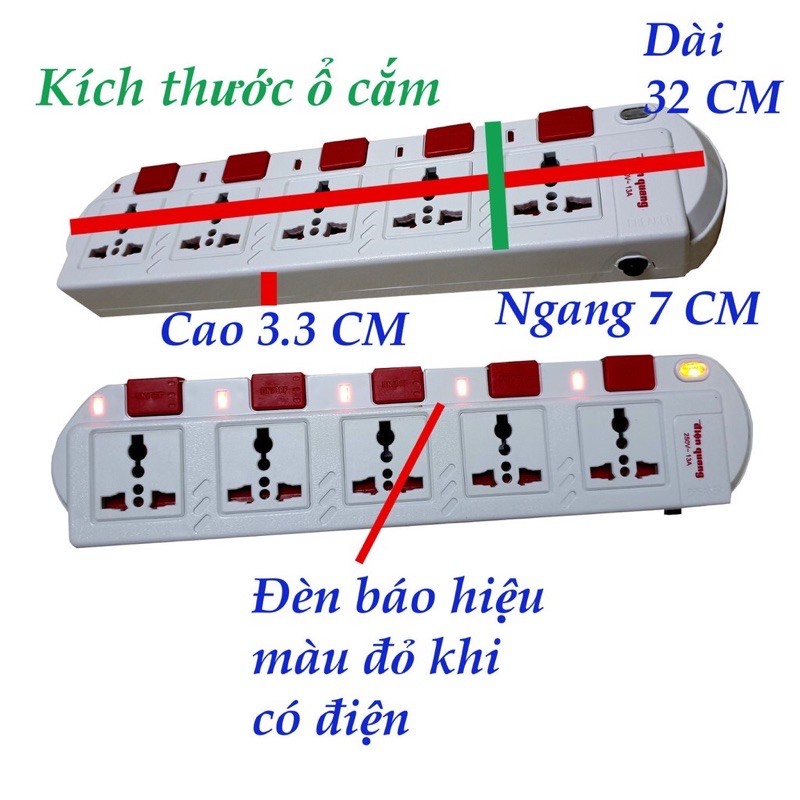 Ổ cắm Điện Quang 5 lổ 3 chấu 5 công tắc