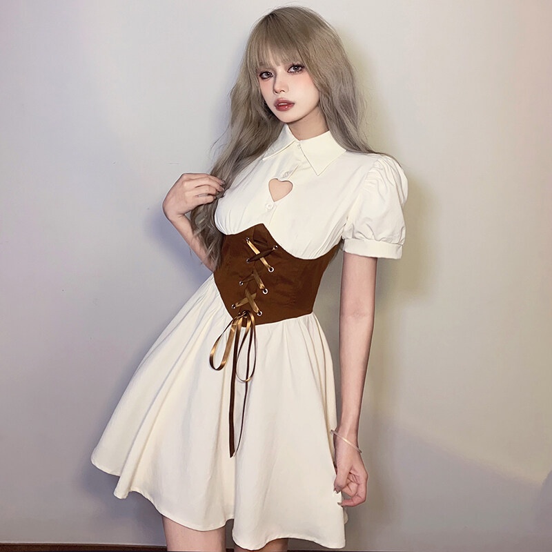 Kliou 2023 new Đầm Chữ A Ngắn Tay Cổ Polo Thắt Dây Eo Phong Cách Pháp Cổ Điển Dành Cho Nữ