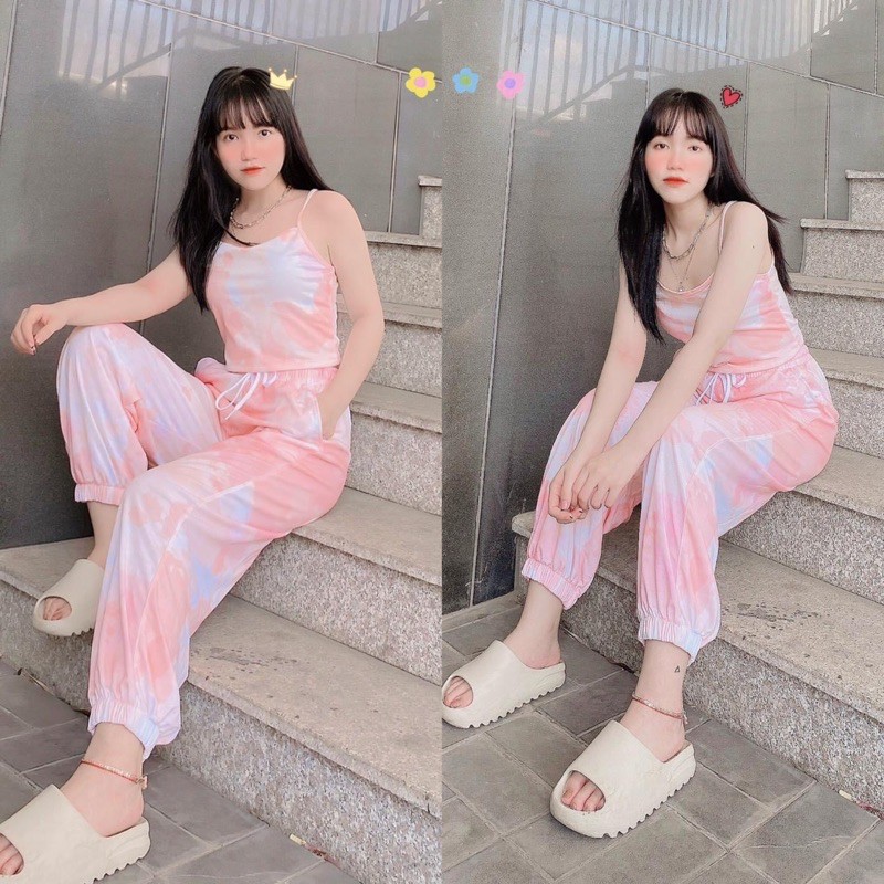 Set Hè Áo Croptop Hai Dây Jogger Loang Cam Đào Ảnh Thật