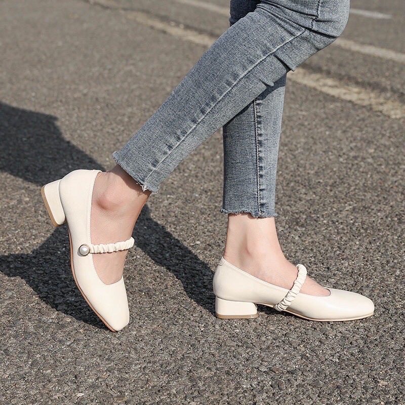 Giày nữ ulzzang vintage quai chun ngang đính đá 2 màu trắng kem GIÀY NỮ ULZZANG HÀN QUỐC－ ＨÀＮＧ ＣÓ ＳẴＮ