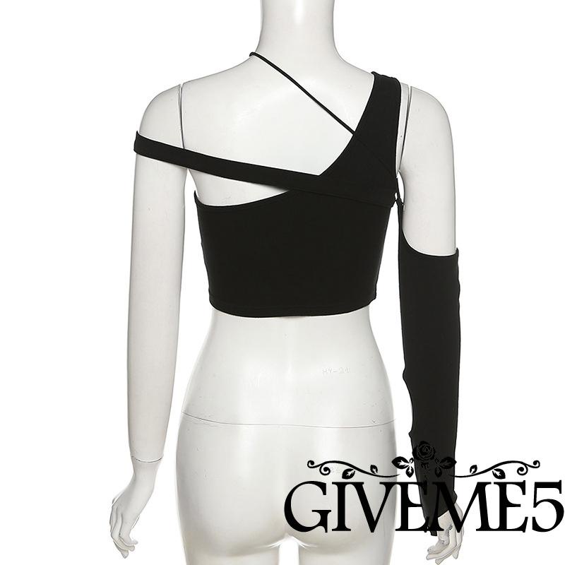 GIVEME-Women Casual Crop Tops, One Long Sleeve Label Patchwork Slim-Fit Backless Tops