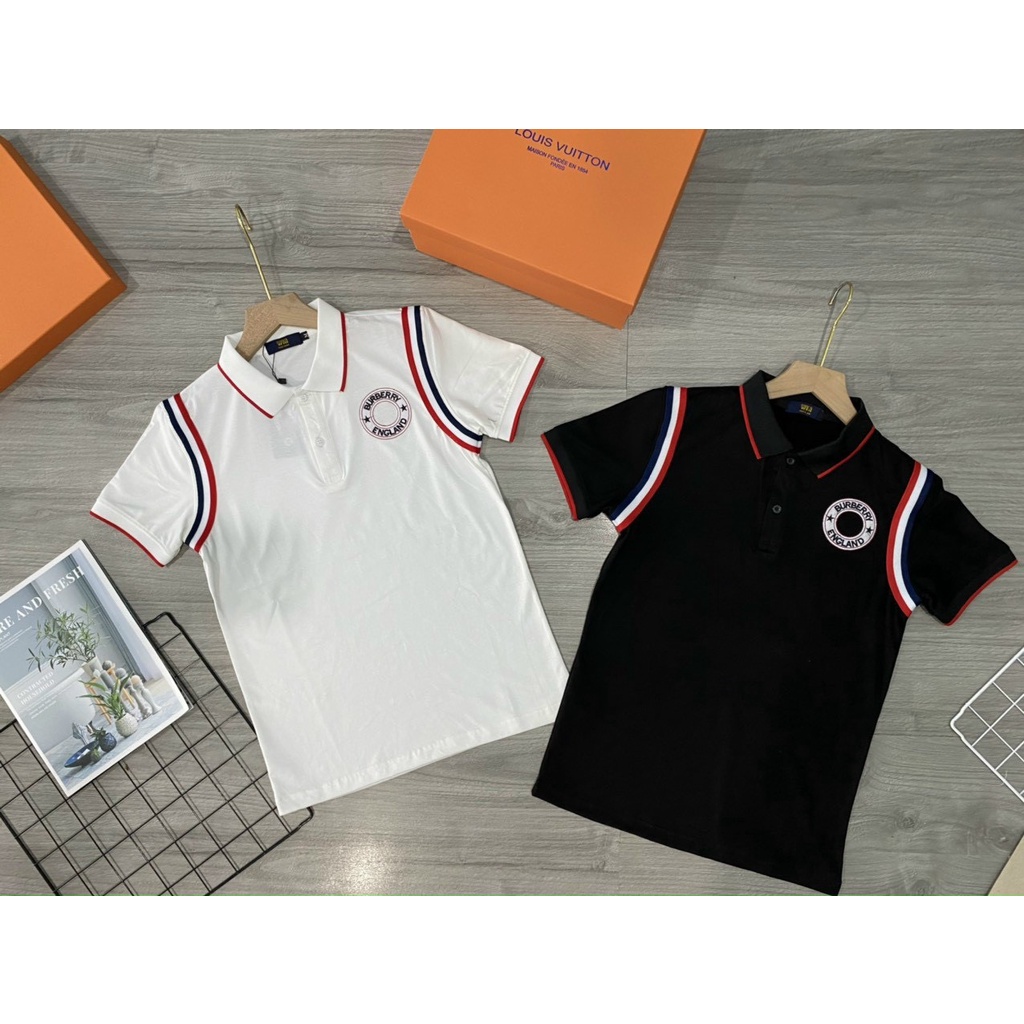 Áo thun nam cổ trụ tay ngắn thêu logo ngực phối vai , viền tay cổ áo chất cotton thoáng mát thời trang mùa hè hot trend
