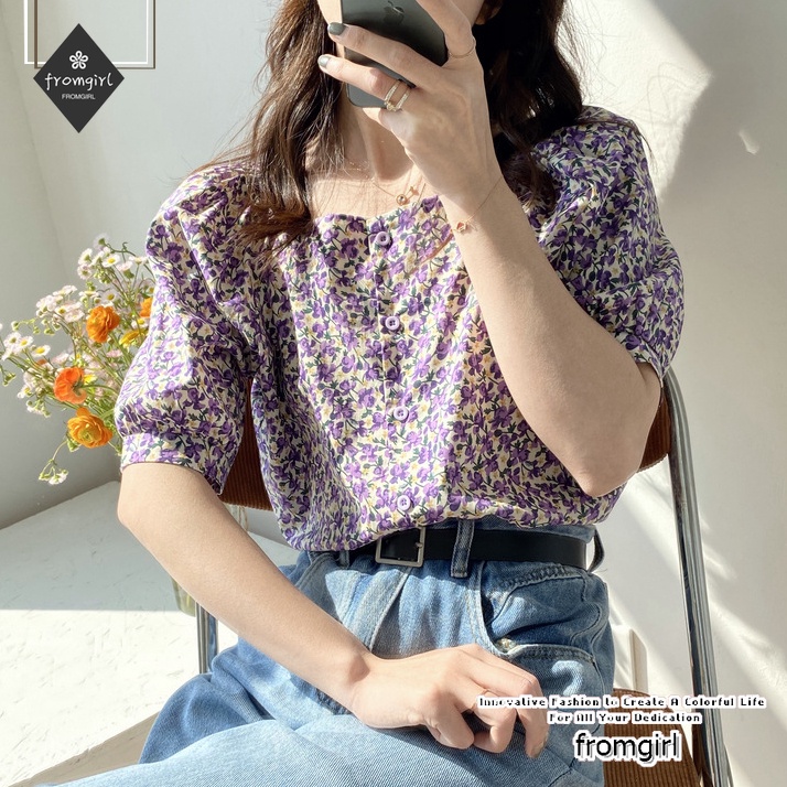 Áo Sơ Mi chiffon Tay Ngắn In Họa Tiết Hoa Tươi Mới Phong Cách Hàn Quốc Cho Nữ