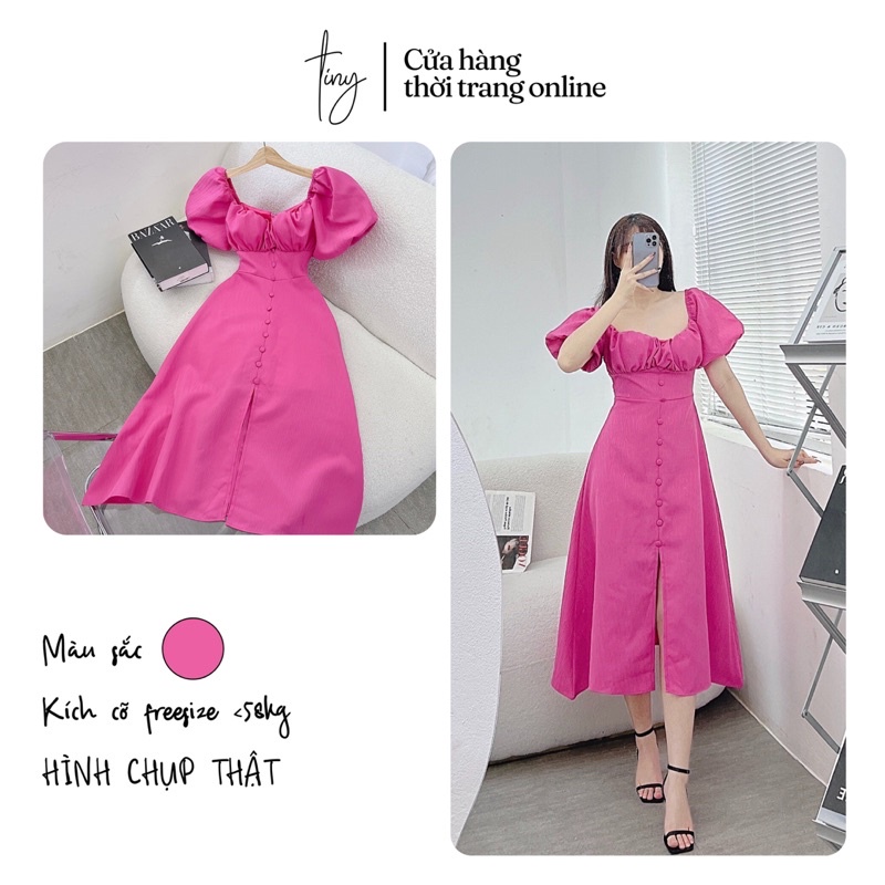 ĐẦM MAXI HỒNG TAY BỒNG XẾP LI NGỰC PHỐI NÚT BỌC