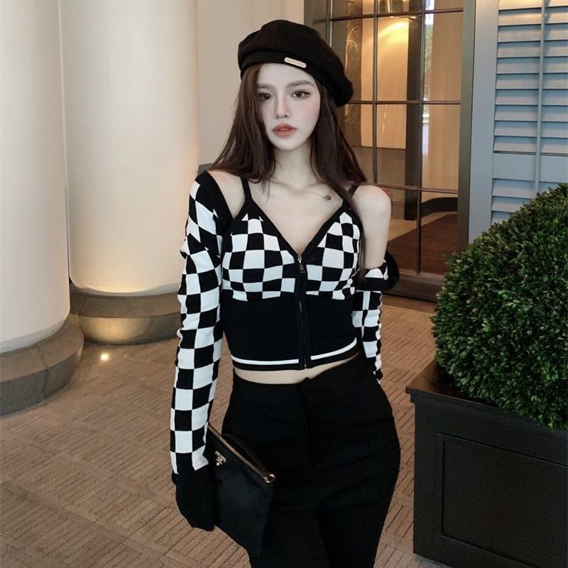 COZOK Set áo khoác Vest + áo cardigan kẻ sọc thời trang