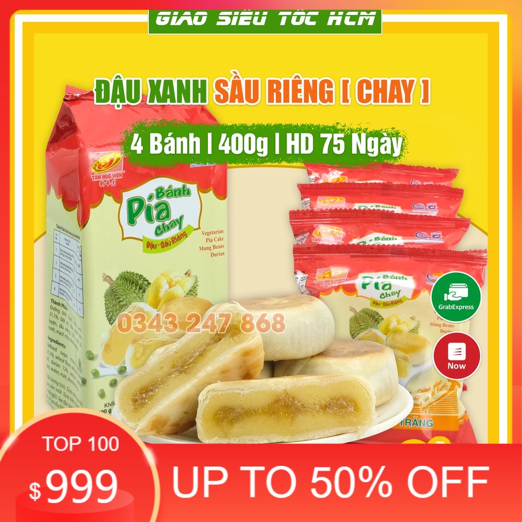 Bánh pía chay đậu xanh sầu riêng Tân Huê Viên 400g, bánh pía Sóc Trăng ăn chay không trứng muối  [TÚI 4 BÁNH]