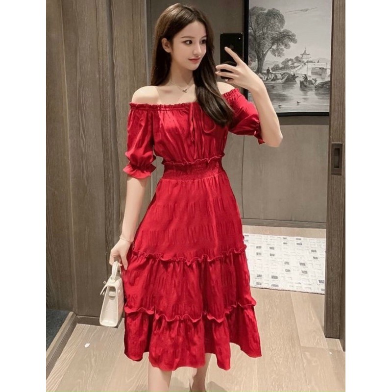 [Mã FATHANG5 giảm 10K đơn 50K] Đầm đỏ tầng thun vai | BigBuy360 - bigbuy360.vn