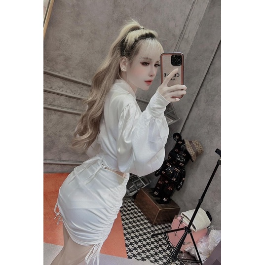 Set Lụa Áo Đan Dây Eo Chân Váy Rút Thiết Kế