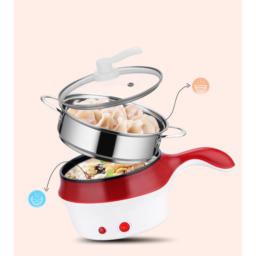 [ Ổ CẮM 2 CHẤU] Nồi lẩu điện mini 2 tầng đa năng chống dính 18cm Tặng xửng hấp, Ca nấu mì nấu lẩu