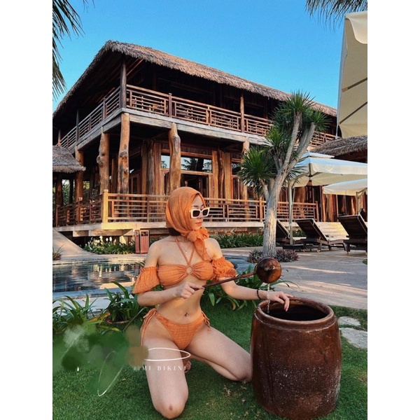 Bikini Tay Phồng Công Chúa, Set 3 Món Kèm Khăn Quấn xinh xắn (hình thật)