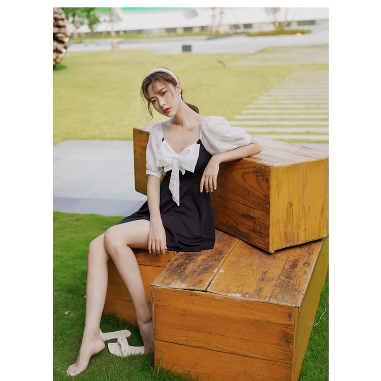 Bikini/váy bơi liền tay lửng phối nơ ngực phong cách tiểu thư kín đáo đi bơi đi biển hè M22