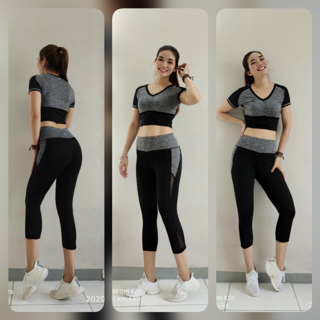 Đồ tập gym nữ, set bộ quần lửng áo crop thể thao Bin Sports BL019