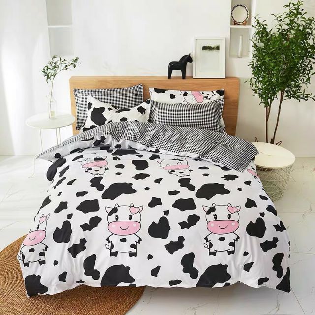 Bộ Chăn Ga Gối Bò Sữa Trắng Cute Cotton Poly