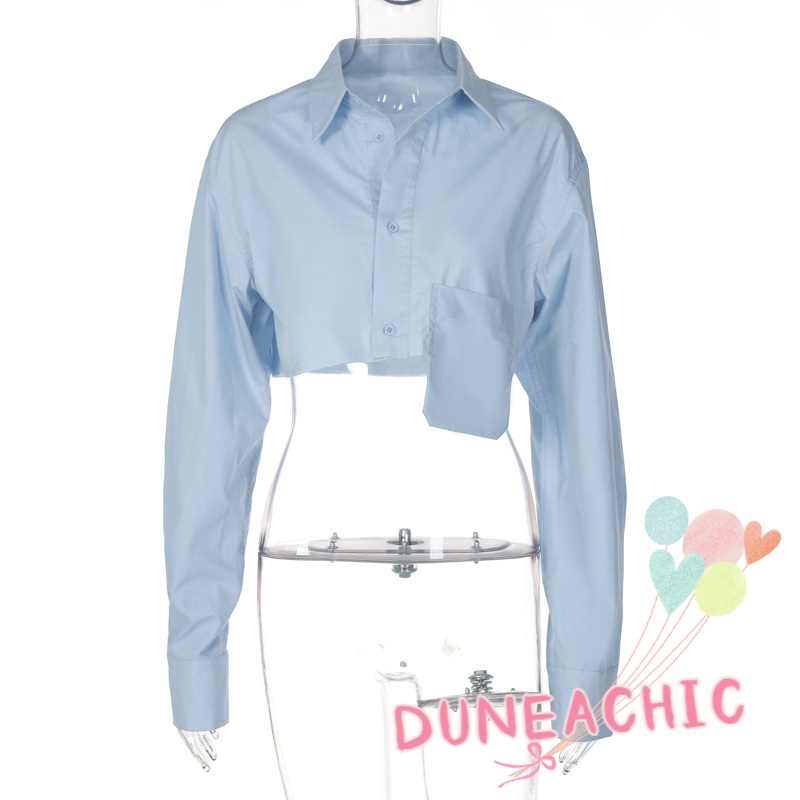 Áo sơ mi DUNEA dáng ngắn cổ polo có túi thời trang dành cho nữ