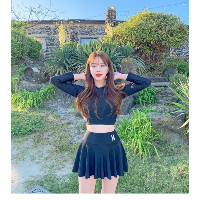 Đồ bơi bikini nữ dài tay quần váy 3 mảnh đen | BigBuy360 - bigbuy360.vn