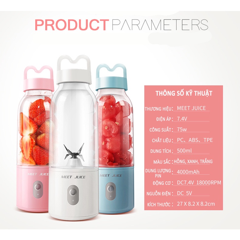 Máy Xay Sinh Tố, Máy Xay Hoa Quả Mini Cầm Tay Meet Juice 500ml Cao Cấp, Cực Mạnh và An Toàn - Free Ship Miễn Ship toàn q