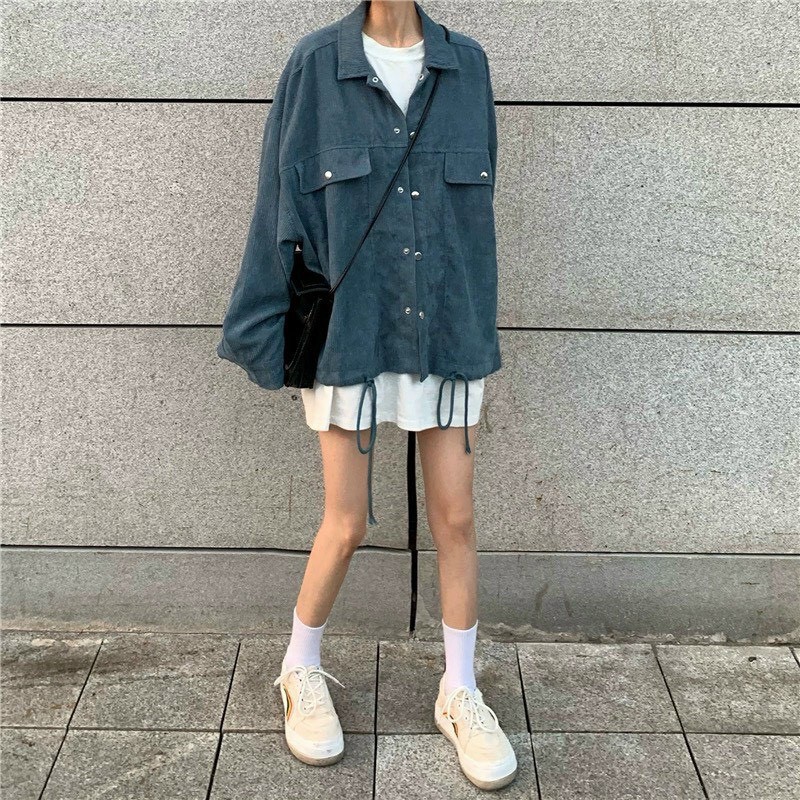 Áo Khoác Sơ Mi Nhung Có Túi Trước Form Rộng Phong Cách Hàn Quốc - La mode