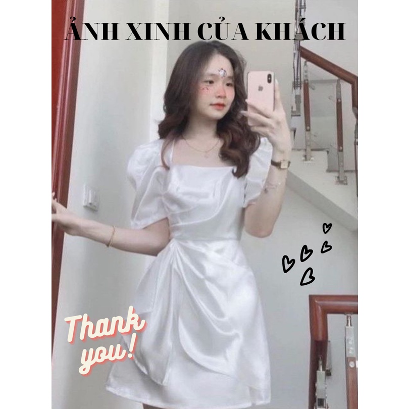 Đầm Dự Tiêc xinh tay ngắn bổng cổ vuông nhún eo nơ nữ tính - NV37
