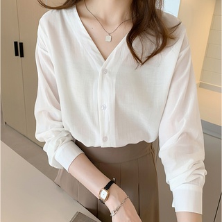 Áo sơ mi tay dài cổ chữ V thiết kế xinh xắn theo phong cách Hàn Quốc