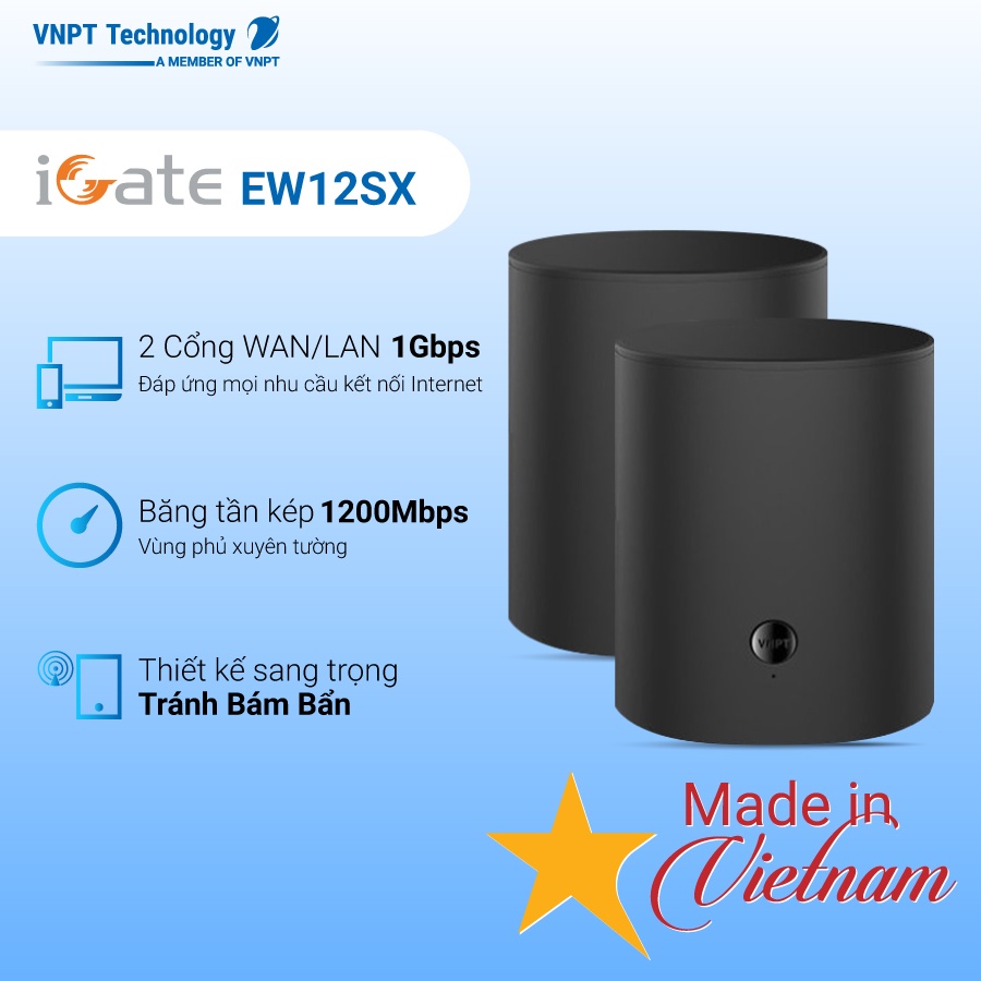 Hệ thống Wifi Mesh VNPT Technology iGate EW12SX 2-pack 2 băng tần chuẩn AC thumbnail