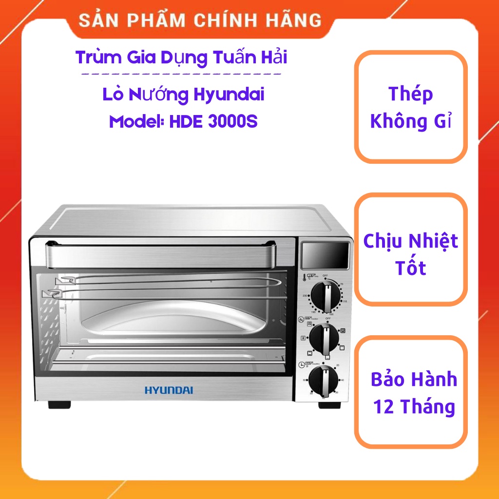 Lò Nướng Hyundai HDE 3000S, Cấu Tạo Thép Không Gỉ, Chịu Nhiệt Tốt