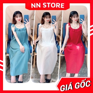 Đầm suông xếp li chất voan mềm mát 2 dây cột nơ vai dễ thương Bầu bí bon chen thoải mái Đầm bầu TP118
