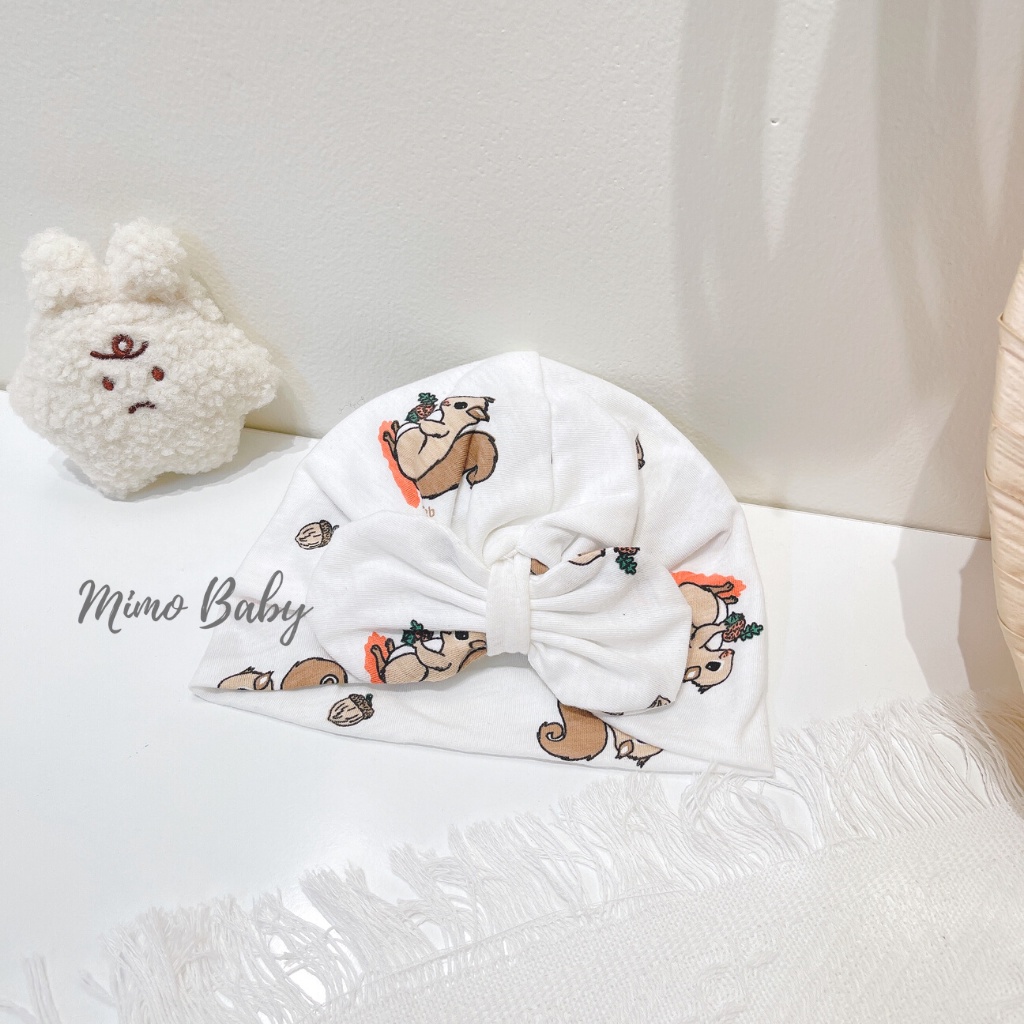 Mũ turban màu trắng họa tiết chú sóc nhỏ đáng yêu cho bé MTB99 Mimo Baby
