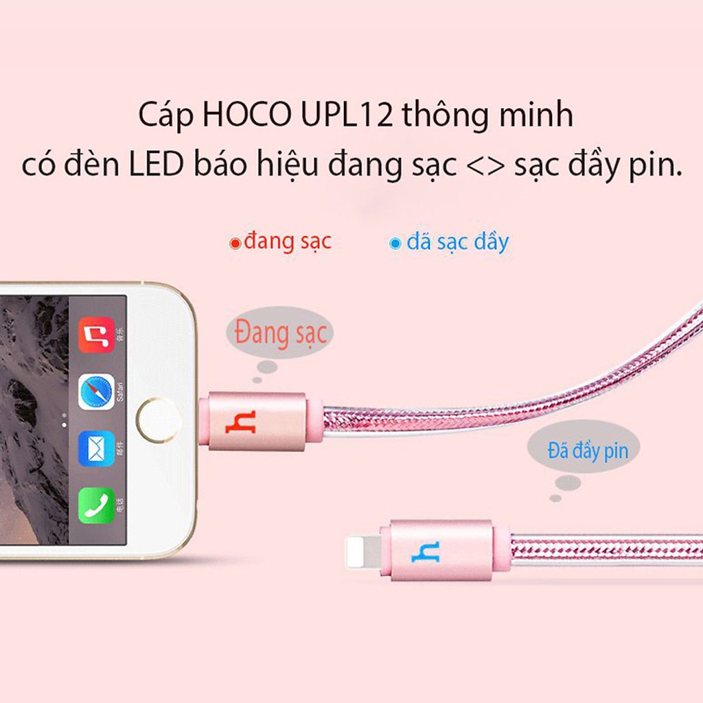 DÂY SẠC Hoco UPL12 cho iPhone iPad, kết nối Lightning, có đèn LED, dài 1m2 – Chính Hãng