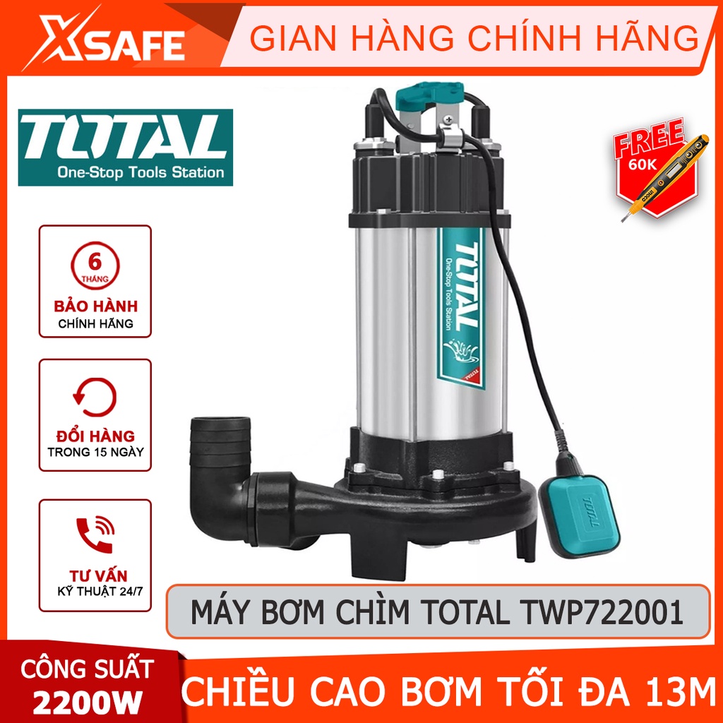 Máy bơm chìm nước sạch TOTAL TWP722001 Máy bơm chìm tự động 220V 2200W(3.0HP), bơm cao tối đa 13m, mô tơ dây đồng