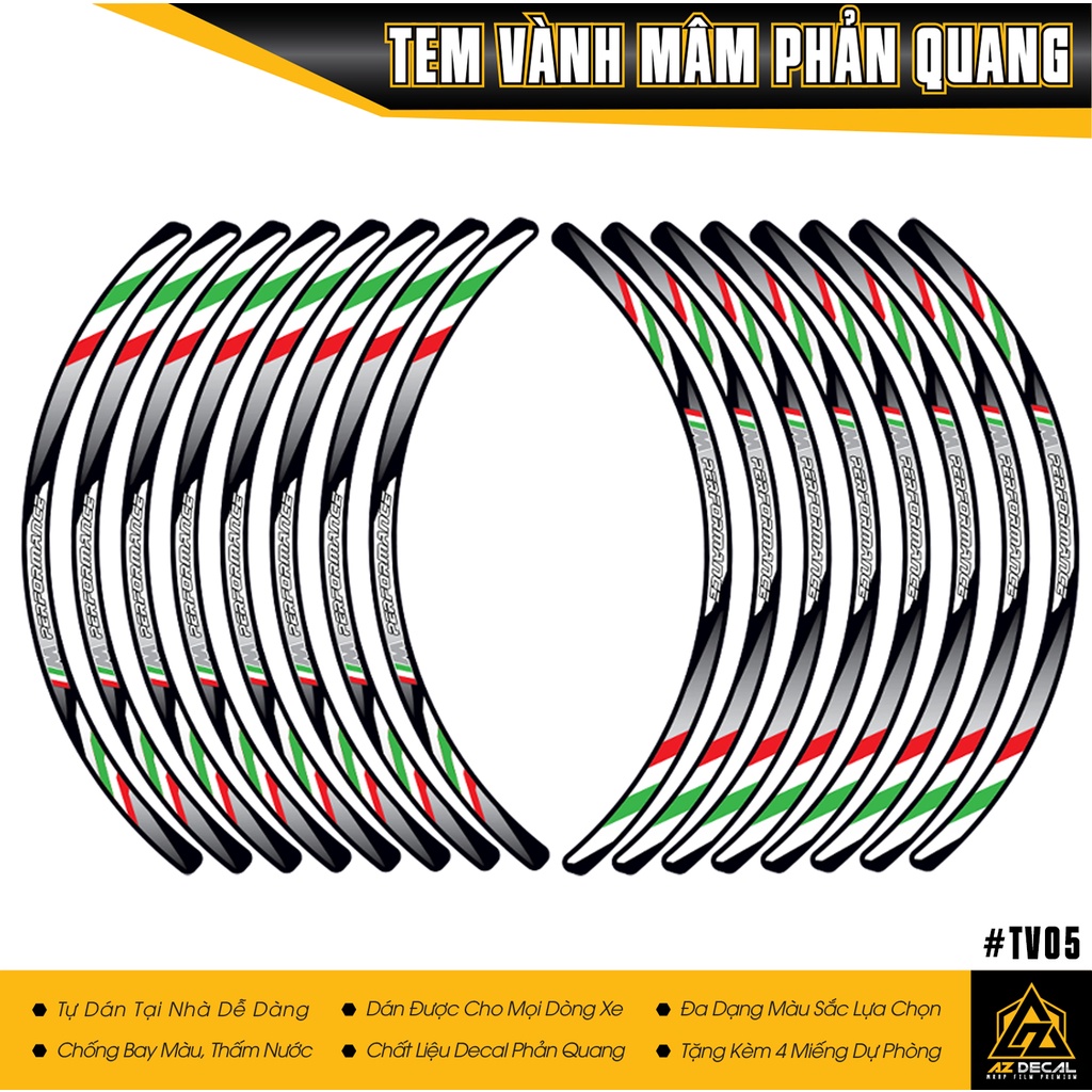 Tem Dán Vành Phản Quang Performance 3 Màu Độc Đáo | TV05 | Tem Dán Mâm Xe Mẫu Italy &amp; Performance Chống Nước, Bền Màu