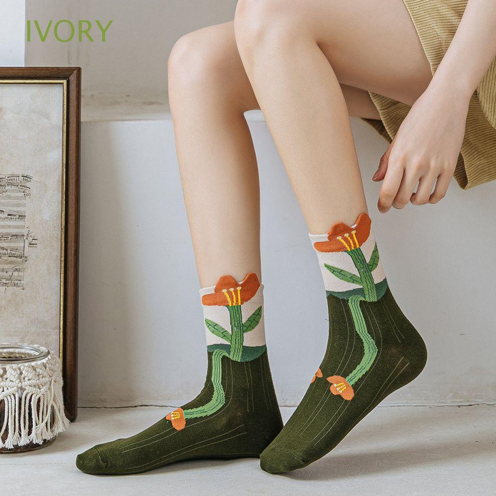 Vớ Cotton Cổ Vừa Thoáng Khí In Họa Tiết Hoa Dễ Thương Phong Cách Hàn Quốc Thời Trang Cho Nữ