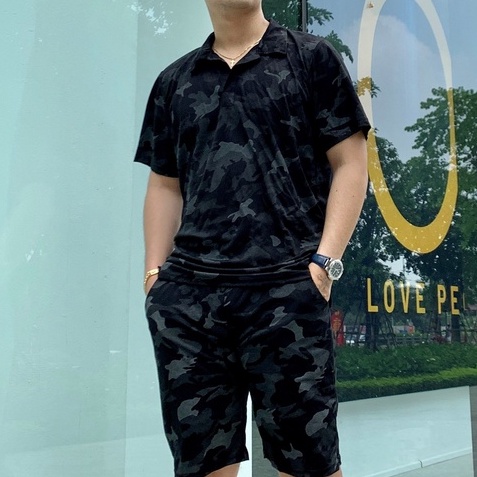 Bộ Đồ Thể Thao Nam Cộc Tay Cổ Bẻ Cotton In Hoạ Tiết Rằn Ri Thấm Hút Mồ Hôi Co Giãn Tốt